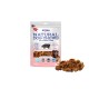 Verpakking van Natural Dog Chews Varkens Binnenoren met een doorzichtig venster, dat '100% Tasty' en 'Zacht luchtgedroogd' labels toont.