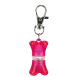 Ein rosa, knochenförmiger Spender für Haustierabfälle mit einem silbernen Clip zur Befestigung.