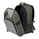 Grüner Haustiertrage-Rucksack mit einer gesteppten grauen Seite, Netzbelüftung und verstellbaren Riemen, teilweise geöffnet.