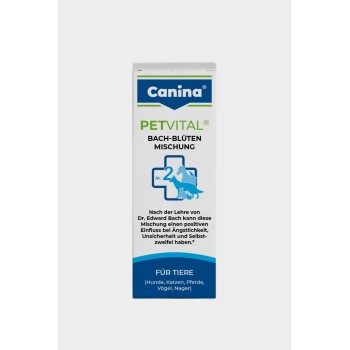Canina PETVITAL Bach‑Blüten Mischung Nr.2 Schachtel mit blauem medizinischem Kreuz und Tiersilhouetten; sichtbarer Text 'Für Tiere (Hunde, Katzen, Pferde, Vögel, Nager)'