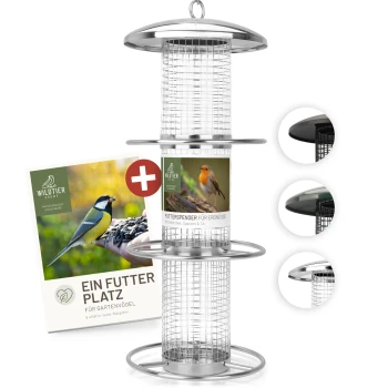 Futterspender für Erdnüsse 35cm, Silber Vogelfutterspender mit Metallgitterdesign, mit einem Etikett, das "FUTTERSPENDER FÜR ERDNÜSSE" liest, und Bildern von Vögeln.