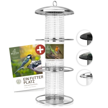 Vogelfutterspender mit Metallgitterdesign, mit einem Etikett, das "FUTTERSPENDER FÜR ERDNÜSSE" liest, und Bildern von Vögeln.