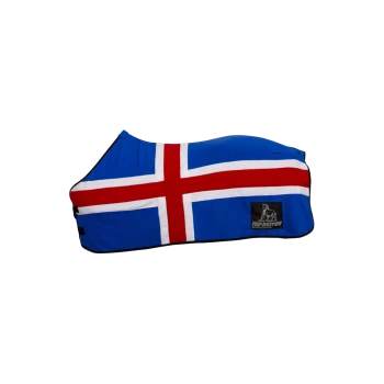 Hundedecke mit dem Design der isländischen Flagge, mit einem Logo von Top Rider International in der unteren rechten Ecke.