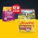 Josera Mini Lachs & Huhn Hundefutterbeutel für erwachsene Hunde, neues Designetikett, mit einem Jack-Russell-Hund auf gelbem Hintergrund.