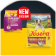 Josera Mini Lachs & Huhn Hundefutterbeutel für erwachsene Hunde, neues Designetikett, mit einem Jack-Russell-Hund auf gelbem Hintergrund.
