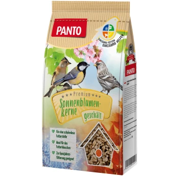 SONNENBLUMENKERNE GESCHÄLT 1kg PANTO Premium Sonnenblumenkerne geschält Vogelfutterpaket mit drei Vögeln auf der Vorderseite, mit Text, der die Eignung für ganzjährige Fütterung hervorhebt.