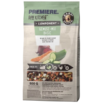 Tüte mit Premiere Raw Kitchen Basic Gemüse-Mix, die Karotten, Zucchini und Rüben enthält, mit Anweisungen zum Mischen und einem Gewichtsetikett von 500 g.