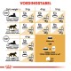 Infographic "VOEDINGSTABEL" toont kattenvoedingsrichtlijnen op basis van gewicht, inclusief voedselhoeveelheden en brokjes of zakjes opties.