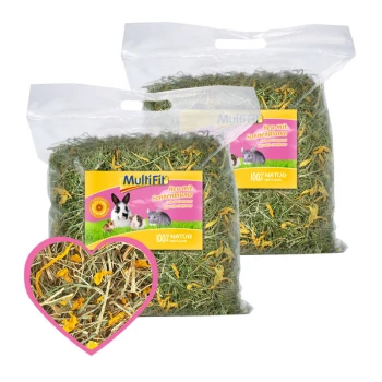 Deux sacs de foin "100% NATUR" Multifit avec des tournesols, présentant un lapin et un cochon d'Inde, et un graphique en forme de cœur du foin.