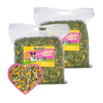 Deux sacs de foin "100% NATUR" Multifit avec des tournesols, présentant un lapin et un cochon d'Inde, et un graphique en forme de cœur du foin.