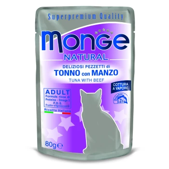 Beutel mit Monge Natural Katzenfutter mit Thunfisch und Rindfleisch, gekennzeichnet mit "Superpremium Qualität", mit Nährwertangaben und einer Silhouette einer Katze.
