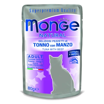 Beutel mit Monge Natural Katzenfutter mit Thunfisch und Rindfleisch, gekennzeichnet mit "Superpremium Qualität", mit Nährwertangaben und einer Silhouette einer Katze.