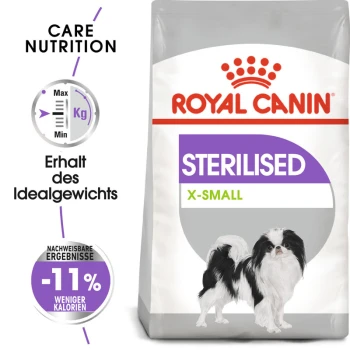 Royal Canin Sterilised X-Small Hundefutterbeutel mit einem kleinen schwarz-weißen Hund, mit Text, der die Gewichtserhaltung und 11% weniger Kalorien hervorhebt.