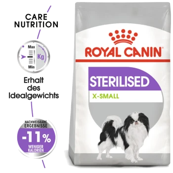 Royal Canin Sterilised X-Small Hundefutterbeutel mit einem kleinen schwarz-weißen Hund, mit Text, der die Gewichtserhaltung und 11% weniger Kalorien hervorhebt.