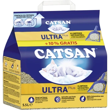 Catsan Ultra Plus Katzenstreu-Verpackung mit einer schlafenden weißen Katze, mit " +10% GRATIS" und "5.5 L" deutlich angezeigt.