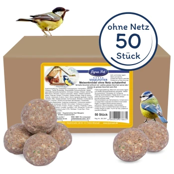LyraPet Gourmet Meisenknödel schalenfrei 4,25 kg Fettbällchen für Vögel, mit der Aufschrift "Lyra Pet Vögelfutter," mit 50 Stück, mit einer Beschreibung der Zutaten und Fütterungshinweisen.