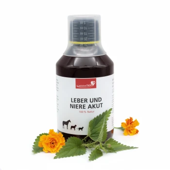 Braune Flasche mit der Aufschrift "Leber und Niere Akut 100% Natur" mit Silhouetten von Pferd, Hund und Katze, von HerzensTIER.
