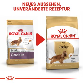 Bild von zwei Beuteln Royal Canin Cocker Hundefutter, das ein neues Design auf der rechten Seite mit dem Text "NEUES AUSSEHEN, UNVERÄNDERTE REZEPTUR" zeigt.