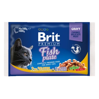 Opakowanie karmy dla kotów Brit Premium Fish Plate z szarym kotem, z tekstem wskazującym, że zawiera łososia, pstrąga i dorsza w sosie.