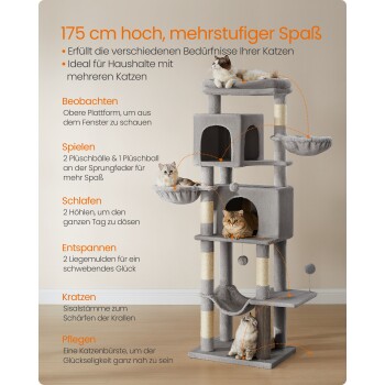 Ein 175 cm hoher Katzenbaum mit drei Katzen auf Plattformen, ausgestattet mit Kratzpfosten, Hängematten und Spielzeugen zum Spielen und Entspannen.