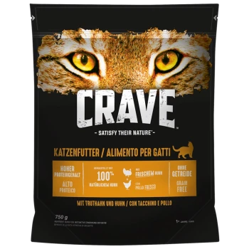 Schwarze Tierfuttertasche mit dem Gesicht eines Tigers, beschriftet "CRAVE," mit "Hohem Protein," "100% natürlichem Huhn," und "Getreidefrei," 750g.