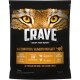Schwarze Tierfuttertasche mit dem Gesicht eines Tigers, beschriftet "CRAVE," mit "Hohem Protein," "100% natürlichem Huhn," und "Getreidefrei," 750g.