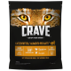 Schwarze Tierfuttertasche mit dem Gesicht eines Tigers, beschriftet "CRAVE," mit "Hohem Protein," "100% natürlichem Huhn," und "Getreidefrei," 750g.