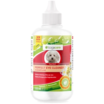 Flasche mit bogacare Perfect Eye Cleaner für Hunde, 100 ml, mit einem weißen Deckel und grünem Bergdesign, mit Text, der die sanfte Formel hervorhebt.