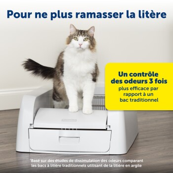 Chat debout sur une litière blanche PetSafe avec un texte en français indiquant que le contrôle des odeurs est 3 fois plus efficace que les bacs traditionnels.