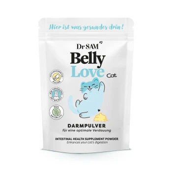Verpackung des Dr SAM Belly Love Cat-Darmgesundheitspräparats mit einer verspielten blauen Katzenillustration und deutschem Text für optimale Verdauung.