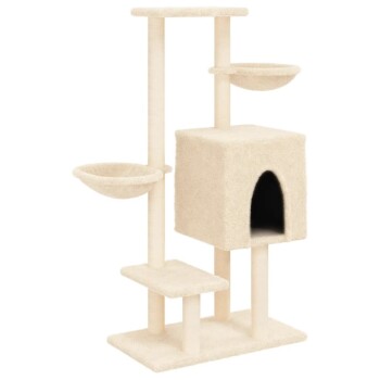 Ein beiger Katzenbaum mit mehreren Ebenen, einem gemütlichen, würfelförmigen Versteck, zwei hängenden Schalen und einer flachen Plattform zum Klettern und Ausruhen.