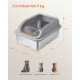 Graue Top-Einstiegs-Katzentoilette mit orangefarbigen Maßangaben und Text: „Für Katzen bis 9 kg“; drei Katzen mit Rassebezeichnungen.
