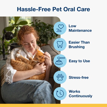 Woman holding orange cat on couch beside text "Hassle-Free Pet Oral Care" and a list of benefits with blue icons.
