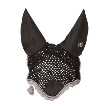 Schwarze gehäkelte Ohrhaube für Pferde mit spitzen Stoffohren und einem dekorativen grauen Rand.