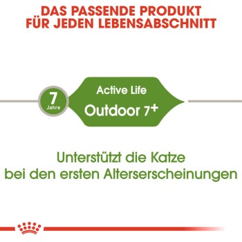 Verpackung für Haustierfutter mit "Active Life Outdoor 7+" für Katzen ab 7 Jahren, mit Text, der Katzen bei frühen Alterszeichen unterstützt.