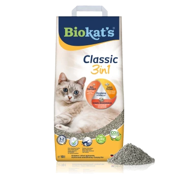 Biokat's Classic 3in1 kattenbakvulling zak met een grijze tabby kat, met voordelen zoals hygiëneformule, geurcontrole en klontering.
