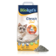 Biokat's Classic 3in1 Katzenstreu-Beutel mit einer grauen getigerten Katze, der Vorteile wie Hygieneformel, Geruchskontrolle und Klumpenbildung hervorhebt.