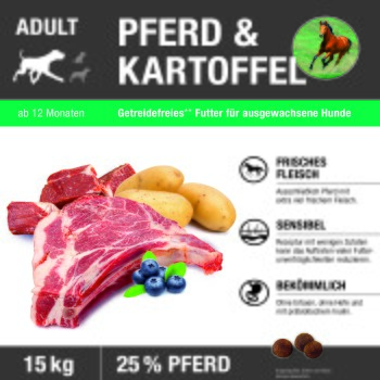 Hundefutterpackung 'PFERD & KARTOFFEL' mit rohem Pferdefleisch, Kartoffeln, Heidelbeeren; Kennzeichnungen 'ADULT', 15 kg, 25 % PFERD