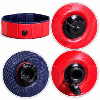 Rotes und marineblaues Haustierpool mit einem schwarzen Ventil, mit einem kreisförmigen Design und segmentierten Seiten, ideal für das Baden oder Spielen von Haustieren.