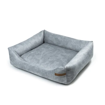 SoftColor luxury dog bed in grau color grau XL Graues Haustierbett mit erhöhten Kanten und einer weichen, plüschigen Textur, mit einem kleinen braunen Etikett an der Seite.