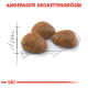 Drei dreieckige Haustierfutterkroketten werden auf einem skizzierten Maßleitfaden angezeigt, mit dem Text 'ANGEPASSTE KROKETTENGRÖSSE' darüber.