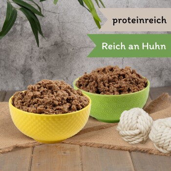 Zwei Schalen mit Haustierfutter, eine gelbe und eine grüne, gefüllt mit einer proteinreichen Mischung, die als "proteinreich" und "Reich an Huhn" gekennzeichnet ist.