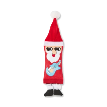 Langes Plüschspielzeug-Weihnachtsmann für Hunde mit roter Mütze mit Bommel, Sonnenbrille, weißem Bart, blauer Gitarre und schwarzen Stiefel-Füßen.