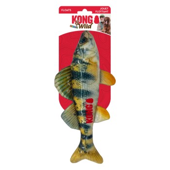 KONG Wild floating fish dog toy on red card backing, yellow-striped fish design with visible KONG and FLOATS text