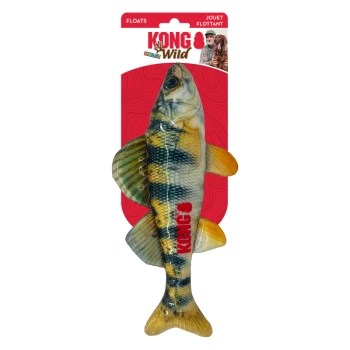 Wild Shieldz Fish Med Dog Toy KONG Wild floating fish dog toy on red card backing, yellow-striped fish design with visible KONG and FLOATS text
