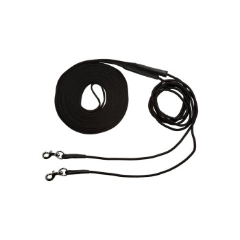 Schwarze Haustiertrainingsleine, ordentlich aufgerollt, mit zwei Metallclips an den Enden zur Befestigung.