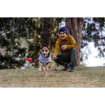 Eine Person in einer gelben Jacke und blauen Mütze hockt auf einem Hügel und spielt mit einem braun-weißen Hund in einem grauen Shirt mit einem roten Spielzeug.