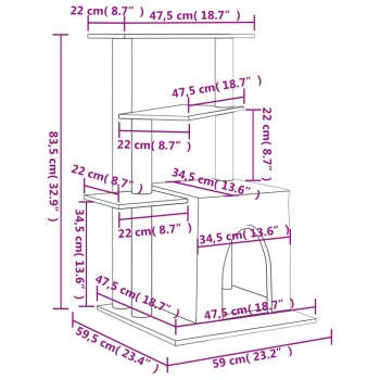 Diagramm eines mehrstöckigen Katzenbaums mit Abmessungen in Zentimetern und Zoll, mit Plattformen und einem gemütlichen Versteck.