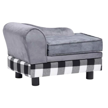 Graues Plüsch-Haustiersofa mit schwarz-weiß kariertem Untergestell und schwarzen Beinen, entworfen für kleine Haustiere.
