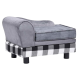 Graues Plüsch-Haustiersofa mit schwarz-weiß kariertem Untergestell und schwarzen Beinen, entworfen für kleine Haustiere.